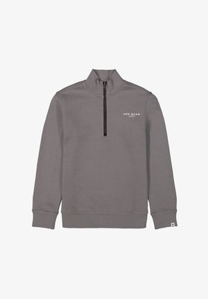 Sweatshirt gris à col zippé quart avec le texte "OFF ROAD" sur la poitrine gauche et des poignets et un ourlet côtelés.