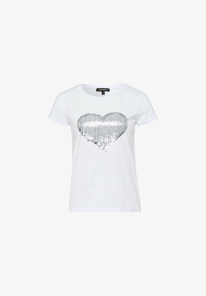 White short-sleeve t-shirt featuring a silver sequin heart design on the front, made from soft cotton material. Straight-cut hem.