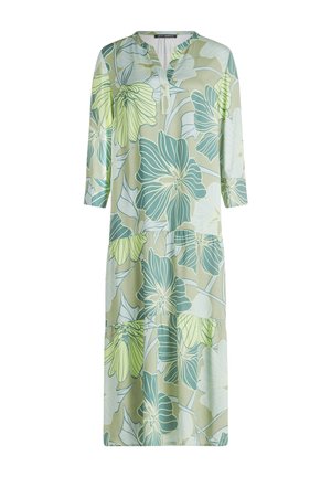 Long dress with 3/4 sleeves, V-neck, and large floral print in green, blue, and cream tones.
