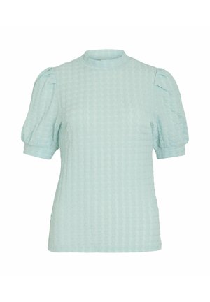 Lichtblauwe, gestructureerde blouse met een hoge halslijn en korte pofmouwen. Heeft een subtiel patroon voor extra diepte.