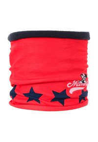 Scaldacollo tubolare rosso realizzato in tessuto morbido, con un bordo in pile nero, decorato da stelle blu navy e un design grafico su un lato.