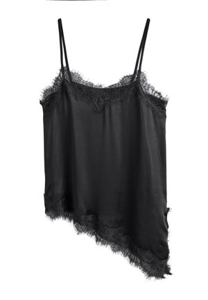 Sort satin camisole med delikat blondertrim på halsudskæring, kant og asymmetrisk bund, med tynde dobbelt skulderstropper.