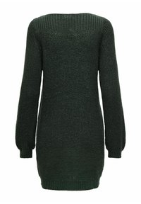 Maglione lavorato a maglia verde scuro a maniche lunghe, con una trama larga, colletto a costine e corpo texturizzato. Arriva a metà coscia.
