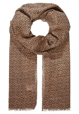 Jasnobrązowy szalik z wzorem cętek lamparta w ciemnym brązie i czerni, lekka tkanina z frędzlami na krawędziach.