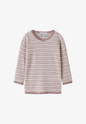 Chemise à manches longues en rose pâle avec des rayures blanches, dotée d'un col et d'un ourlet festonnés. Fabriquée en coton respirant avec une finition texturée.