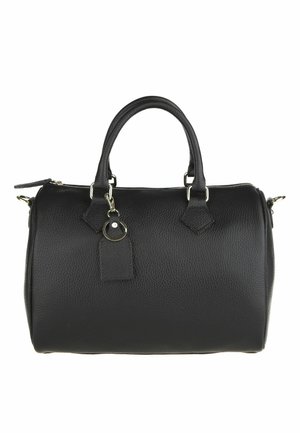 Borsa a mano in pelle nera con superficie strutturata, forma rotonda, manici superiori doppi e portachiavi decorativo. Presenta dettagli in hardware color oro.