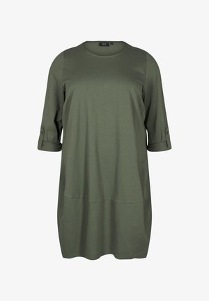 Olijfgroene tuniekjurk van zachte stof, met een ronde halslijn, driekwartmouwen met knoopdetail en een relaxte pasvorm.