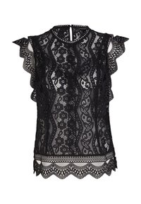 Top en dentelle noire avec manches et ourlet festonnés, présentant des motifs floraux et une fermeture au dos en forme de goutte. Texture transparente avec détails superposés.