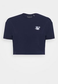 Camiseta cropped azul marino hecha de algodón suave. Presenta mangas cortas y un pequeño logo blanco en el lado izquierdo del pecho.
