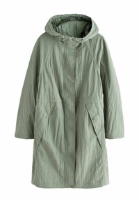 Manteau trench à capuche vert clair avec une texture froissée, fermetures à pression, deux poches latérales et une coupe décontractée.