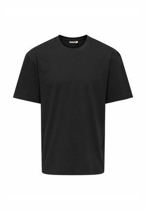 T-shirt nera a maniche corte con scollo rotondo, vestibilità rilassata, design semplice e etichetta del marchio visibile all'interno del colletto.