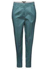 Pantalons ajustés turquoise avec une texture lisse, dotés de plis à l'avant, d'une taille standard et d'une coupe droite.