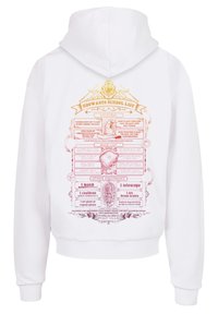 Felpa bianca con un grafico colorato della Lista della Scuola di Hogwarts in giallo, rosa e rosso, con testo che dettaglia i requisiti per l'uniforme e l'attrezzatura.