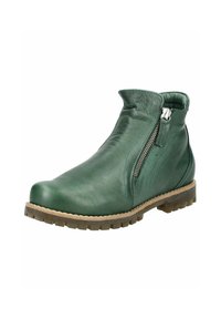 Zielona skórzana botka za kostkę o teksturowanej powierzchni, z bocznym zamkiem błyskawicznym i solidną podeszwą. Szwy wykonane kontrastującą niebieską nitką. Okrągły czubek.