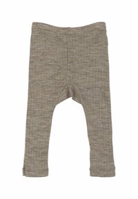 Gaiši brūnas legingi no mīksta, ribota materiāla ar fakturētu rakstu, ar brīvu piegriezumu un īsu garumu.