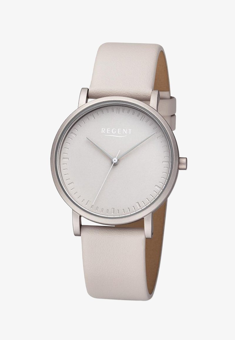 Montre ronde en argent avec un bracelet en cuir beige mat. Le cadran gris minimaliste présente des aiguilles et des index argentés. Le nom de la marque "REGENT" est affiché.