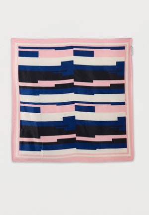 Foulard carré avec bordure rose et rayures horizontales abstraites en bleu marine, noir, blanc et rose clair en couches.