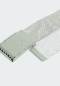 Jasnozielony pasek z tkaniny o teksturowanym siateczkowym wzorze. Posiada matową klamrę z tworzywa sztucznego z ząbkowanymi krawędziami i trójkątnymi akcentami.