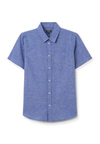 Camisa de botones de manga corta en tejido azul claro, con un bolsillo en el lado izquierdo del pecho y un cuello clásico. Textura suave, ajuste casual.