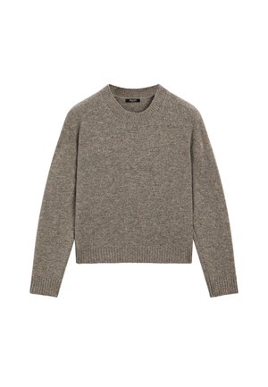 Grauer Woll-Pullover mit langen Ärmeln, Rundhalsausschnitt, gerippten Bündchen und Saum, flach auf einem weißen Hintergrund ausgelegt.