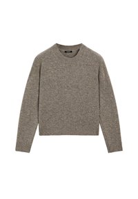 Maglione grigio in lana a maniche lunghe, collo rotondo, con polsini e fondo a coste, disteso su uno sfondo bianco.