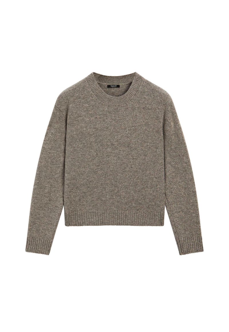 Maglione grigio in lana a maniche lunghe, collo rotondo, con polsini e fondo a coste, disteso su uno sfondo bianco.