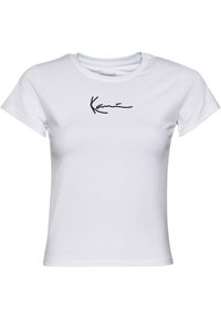 T-shirt in cotone bianco con maniche corte, scollatura rotonda e logo ricamato nero sul petto.