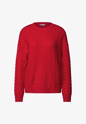 Červený svetr pletený do vzoru s kulatým výstřihem a dlouhými rukávy. Texturovaný vzor po celém těle a žebrované manžety a spodní lem.