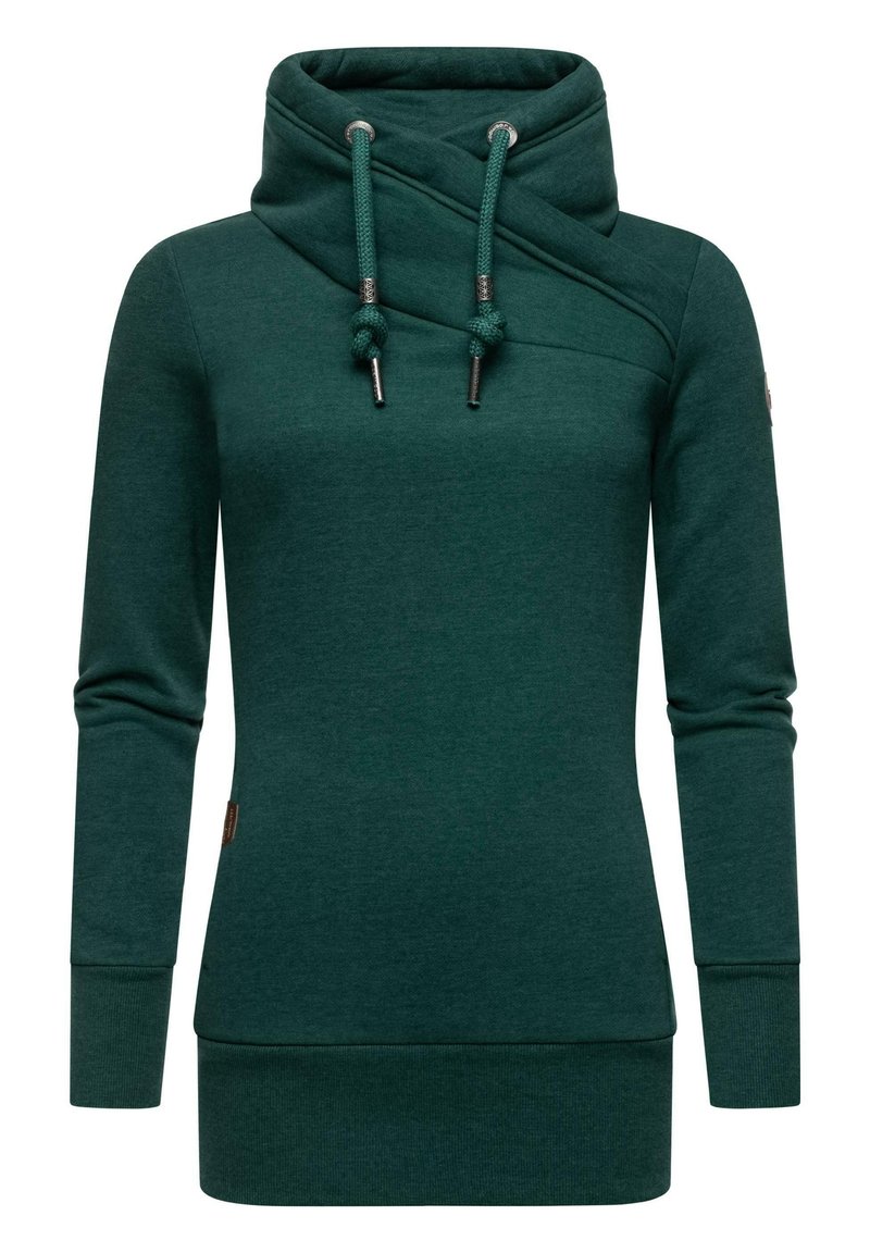 Grøn sweatshirt med en høj, draperet krave. Har et krydssyningsdesign, snørelukning og ribbede manchetter og nederkant. Blød tekstur.