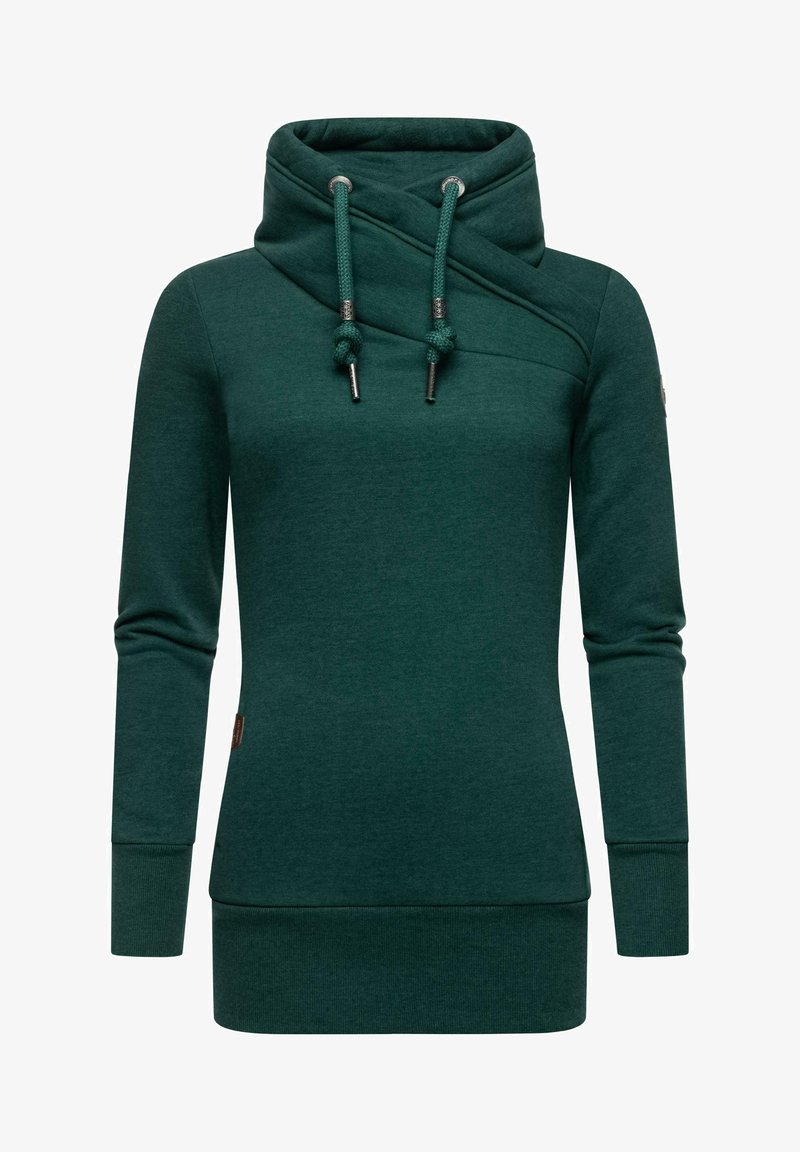 Green sweatshirt with a high, draped collar. Features a crossover design, drawstring closure, and ribbed cuffs and hem. Soft texture.