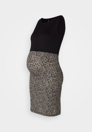 Graviditetskjole med svart topp og mønstret mørk blomstret bunndel. Uten ermer, tettsittende fasong, glatt tekstur.