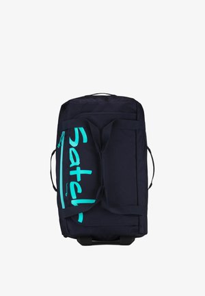 Marineblaue Reisetasche auf Rollen mit türkisfarbenem Reißverschluss und teilweise türkisfarbenem Markenlogo auf der Front, Tragegurten und seitlichem Griff.