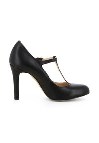 Scarpa nera con tacco alto, punta rotonda, design con cinturino a T, materiale in pelle liscia e dettagli di cucitura delicati.