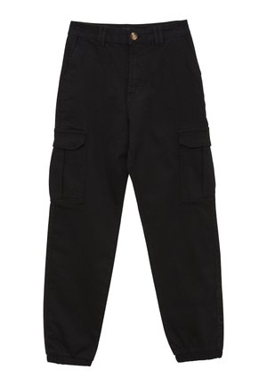 Pantaloni cargo neri in cotone, con tasche laterali, chiusura a bottone e polsini elastici alla caviglia. Design semplice e vestibilità dritta.