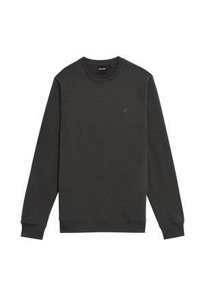 Dunkelgraues Sweatshirt mit Rundhalsausschnitt und langen Ärmeln, mit gerippten Bündchen an den Ärmeln und am unteren Saum, versehen mit einem kleinen eingestickten Logo auf der linken Brust.