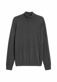 Dunkelgrauer Rollkragenpullover aus weichem Strickstoff, mit langen Ärmeln, geripptem Kragen und Saum sowie einer durchgehend glatten Textur.