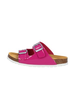 Pink patent leather slide sandal with two adjustable silver buckles, cork footbed, and white rubber sole. Open-back design for easy wear.