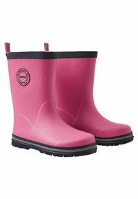 Pink rubber rain boots with a black textured band at the top, featuring a round logo and a thick, black sole with a tread pattern.