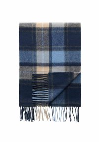 Foldet uldscarf med blå, beige og grå plaidmønster og frynser ved kanterne.