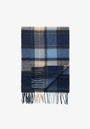 Foldet uldscarf med blå, beige og grå plaidmønster og frynser ved kanterne.