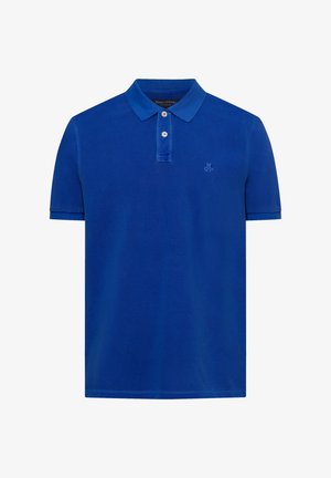 Blaues Polohemd mit kurzen Ärmeln, drei Knöpfen am Ausschnitt und dezent gestickt-logo auf der Brust. Glattes, strukturiertes Material.