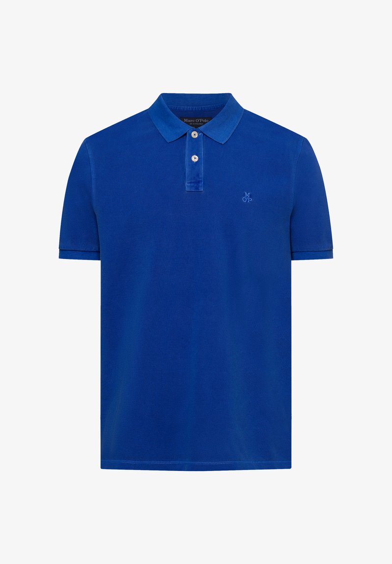 Polo blu in cotone, con colletto, maniche corte, abbottonatura a due bottoni e logo ricamato sul petto.