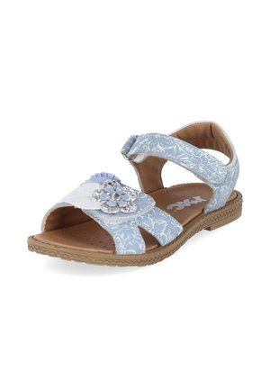 Jasnoniebieska dziecięca sandałka z kwiatowym wzorem, otwartym palcem, błyszczącą dekoracją kwiatu, regulowanym paskiem i brązową, fakturowaną podeszwą.