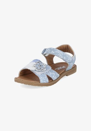 Sandale enfant bleu clair à motif floral, bout ouvert, décoration fleur scintillante, bride ajustable et semelle marron texturée.