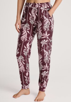 Bordeaux pyjamabroek met een bladmotief in roze en zilver, met een elastische tailleband en zijzakken. Zacht, lichtgewicht materiaal.