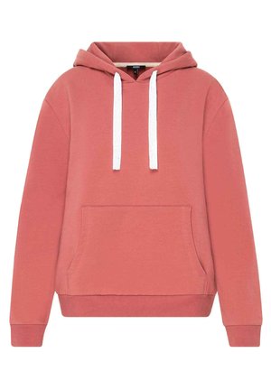 Sweat à capuche de couleur corail muted avec cordons blancs, poche kangourou à l'avant, poignets et ourlet côtelés. Fabriqué en tissu doux.