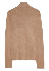 Top de manga larga, color marrón claro, fabricado con un material suave. Presenta un cuello alto y un diseño simple sin adornos ni patrones.