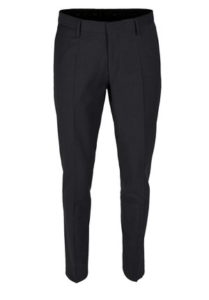 Dunkelgraue maßgeschneiderte Hose mit flacher Vorderseite, zwei Seitentaschen und glatter Textur; verfügt über Gürtelschlaufen und ein enges Passformdesign.