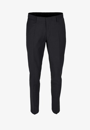 Donkergrijze op maat gemaakte broeken met een platte voorkant, twee zijzakken en een gladde textuur; heeft riemlussen en een slanke pasvorm.