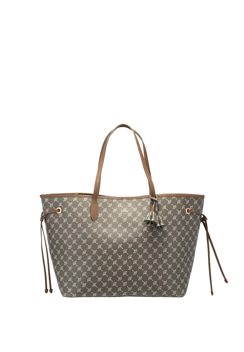 Szara torba typu tote w wzór z brązowymi skórzanymi uchwytami i akcentami. Posiada ściągane boki i dekoracyjną frędzel. Prosty, funkcjonalny design.